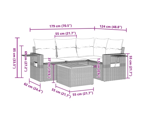 Set de muebles de jardín 5 pzas y cojines ratán sintético negro