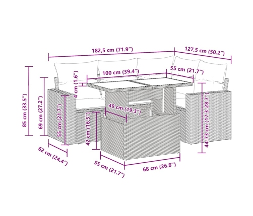 Set de muebles de jardín 5 pzas y cojines ratán sintético negro