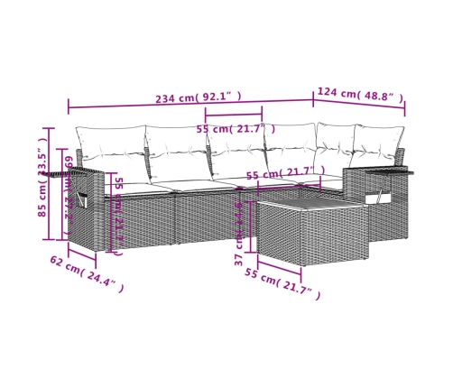 Set de muebles de jardín 6 pzas y cojines ratán sintético gris