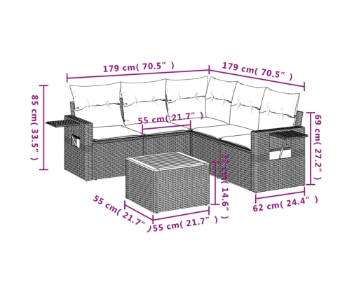 Set de muebles de jardín 6 pzas y cojines ratán sintético gris