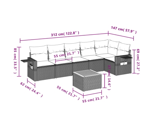 Set de comedor de jardín 7 pzas y cojines ratán sintético negro