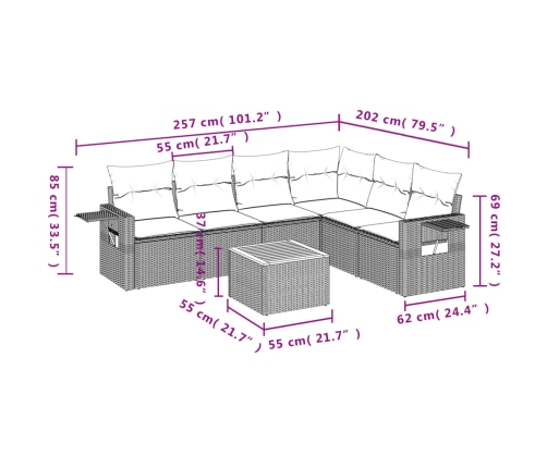 Set de comedor de jardín 7 pzas y cojines ratán sintético negro