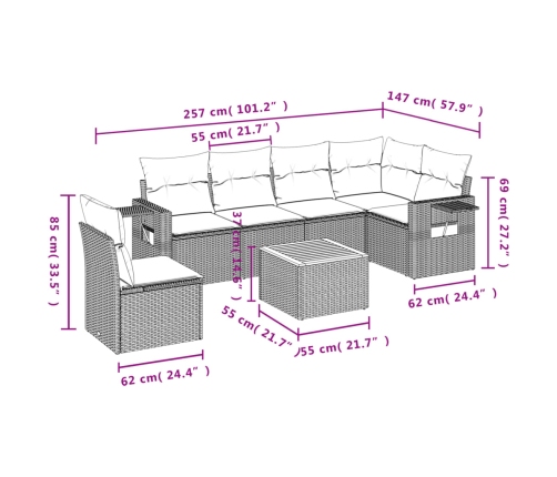 Set de comedor de jardín 7 pzas y cojines ratán sintético negro