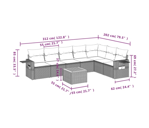 Set de sofás de jardín 8 piezas y cojines ratán sintético negro