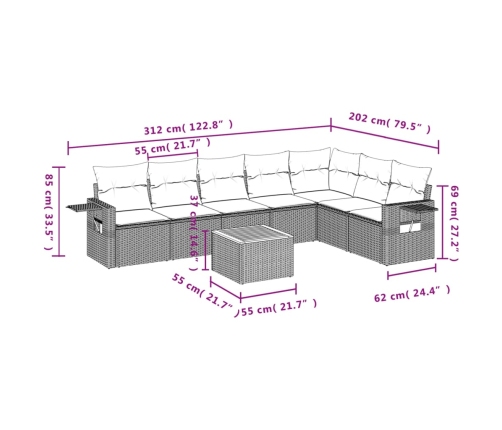 Set de sofás de jardín 8 pzas y cojines ratán sintético gris