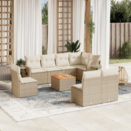 Set de sofás de jardín 9 pzas con cojines ratán sintético beige