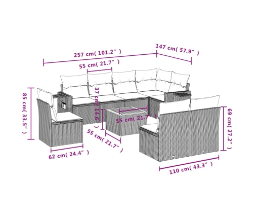 Set de sofás de jardín 9 pzas con cojines ratán sintético beige