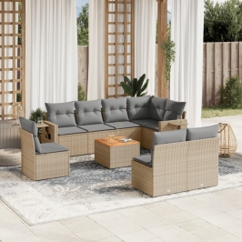 Set de sofás de jardín 9 pzas con cojines ratán sintético beige