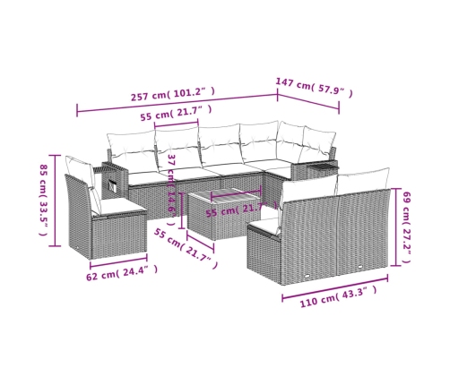 Set de muebles de jardín 9 pzas y cojines ratán sintético gris