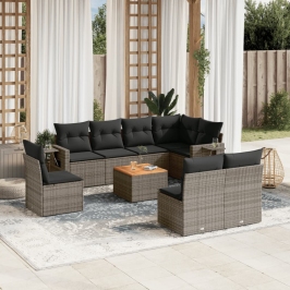 Set de muebles de jardín 9 pzas y cojines ratán sintético gris