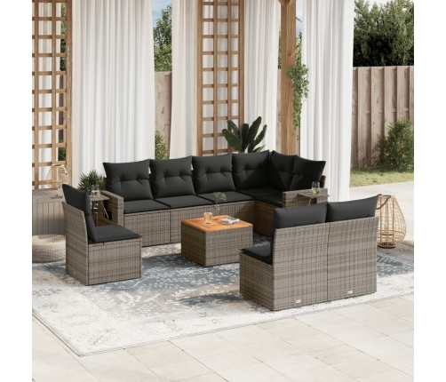 Set de muebles de jardín 9 pzas y cojines ratán sintético gris