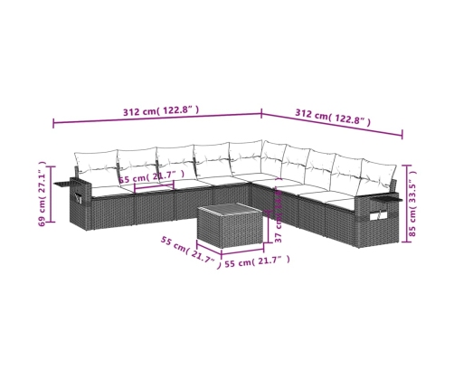 Set de sofás de jardín 10 pzas con cojines ratán sintético gris