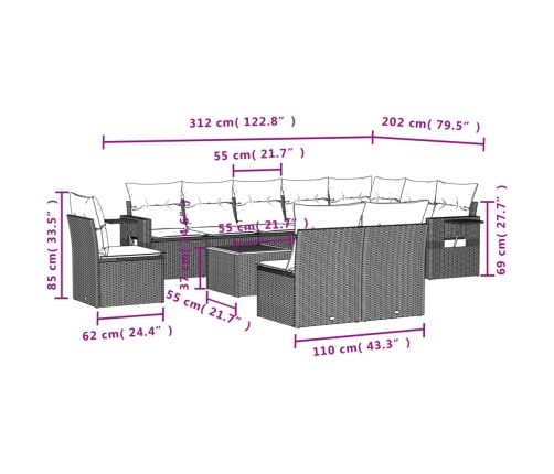 Set de sofás de jardín 11pzas con cojines ratán sintético beige