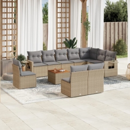 Set de sofás de jardín 11pzas con cojines ratán sintético beige