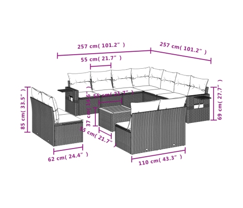 Set de sofás de jardín 12 pzas y cojines ratán sintético marrón