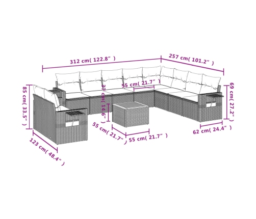 Set de sofás de jardín 11pzas con cojines ratán sintético beige