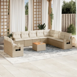 Set de sofás de jardín 11pzas con cojines ratán sintético beige