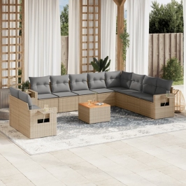 Set de sofás de jardín 11pzas con cojines ratán sintético beige