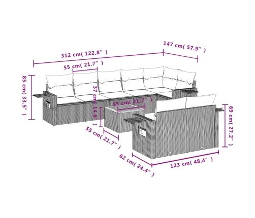 Set de sofás de jardín 9 pzas con cojines ratán sintético beige