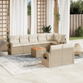 Set de sofás de jardín 9 pzas con cojines ratán sintético beige