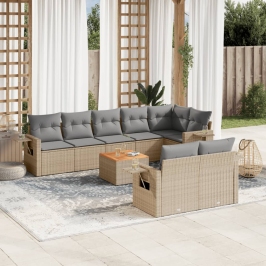 Set de sofás de jardín 9 pzas con cojines ratán sintético beige