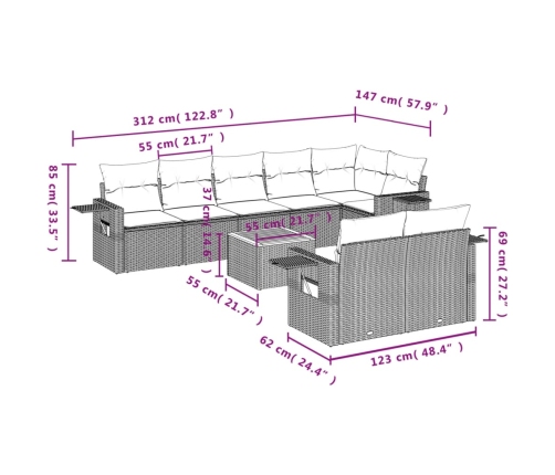 Set de muebles de jardín 9 pzas y cojines ratán sintético gris