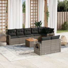 Set de muebles de jardín 9 pzas y cojines ratán sintético gris