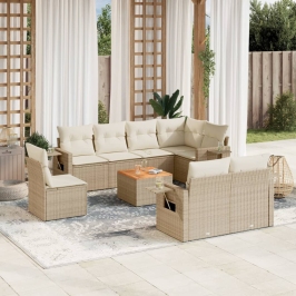 Set de sofás de jardín 9 pzas con cojines ratán sintético beige