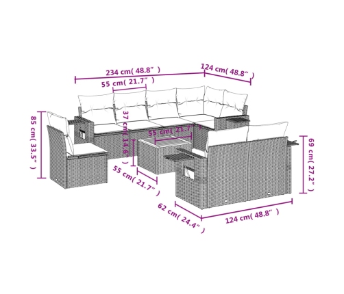 Set de sofás de jardín 9 pzas con cojines ratán sintético beige