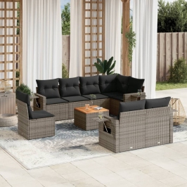 Set de muebles de jardín 9 pzas y cojines ratán sintético gris