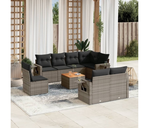 Set de muebles de jardín 9 pzas y cojines ratán sintético gris