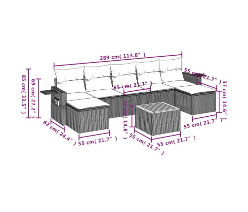 Set de sofás de jardín 8 pzas y cojines ratán sintético gris