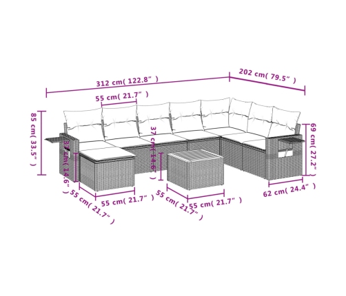 Set de sofás de jardín 9 pzas con cojines ratán sintético beige