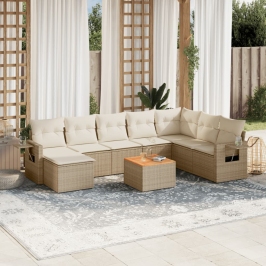 Set de sofás de jardín 9 pzas con cojines ratán sintético beige