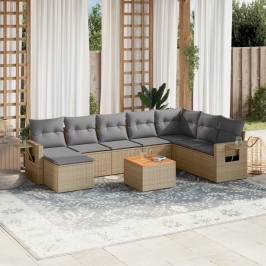 Set de sofás de jardín 9 pzas con cojines ratán sintético beige