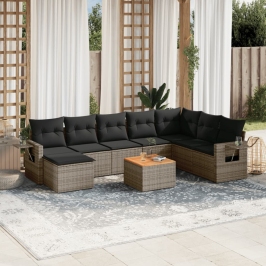 Set de muebles de jardín 9 pzas y cojines ratán sintético gris