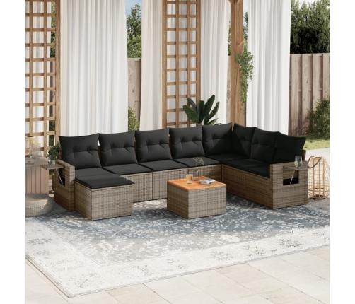 Set de muebles de jardín 9 pzas y cojines ratán sintético gris