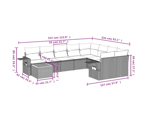 Set de sofás de jardín 10 pzas cojines ratán sintético negro