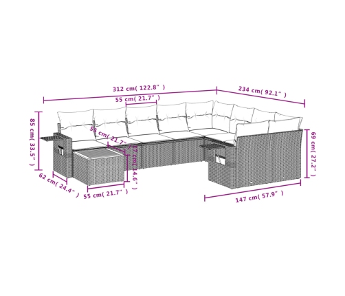 Set de sofás de jardín 10 pzas con cojines ratán sintético gris