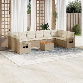 Set de sofás de jardín 11pzas con cojines ratán sintético beige