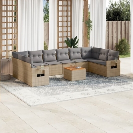 Set de sofás de jardín 11pzas con cojines ratán sintético beige