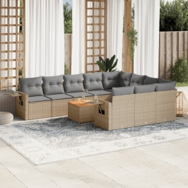 Set de sofás de jardín 11pzas con cojines ratán sintético beige