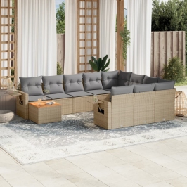 Set de sofás de jardín 11pzas con cojines ratán sintético beige