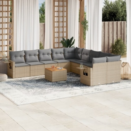 Set de sofás de jardín 11pzas con cojines ratán sintético beige