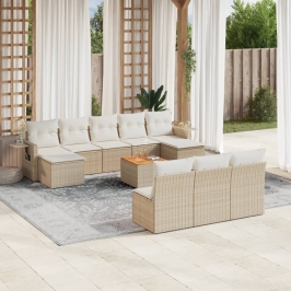 Set de sofás de jardín 11pzas con cojines ratán sintético beige