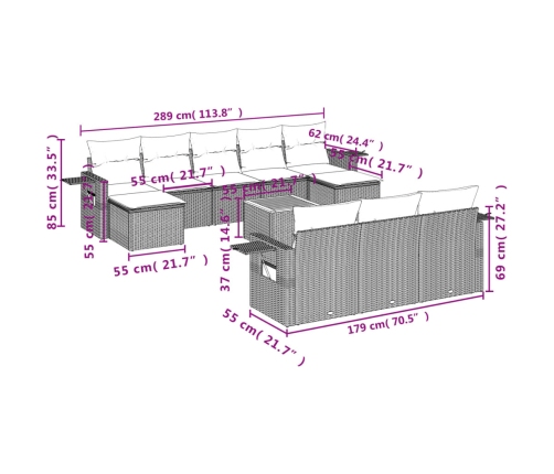 Set de sofás de jardín 11pzas con cojines ratán sintético beige