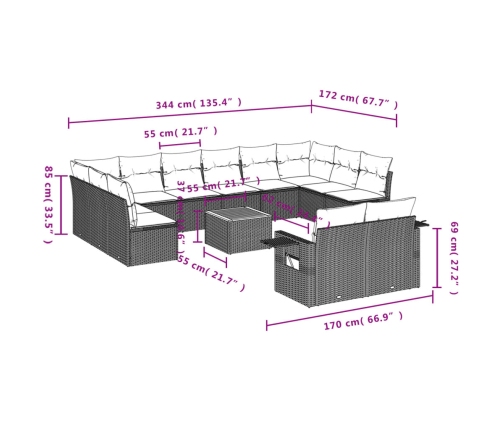 Set sofás de jardín con cojines 13 pzas ratán sintético beige