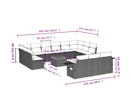 Set sofás de jardín 14 pzas con cojines ratán sintético negro