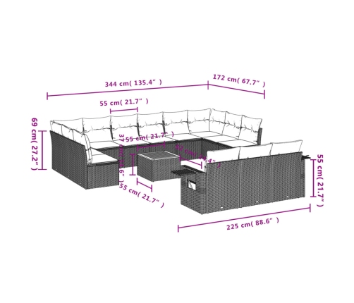 Set sofás de jardín 14 pzas con cojines ratán sintético negro