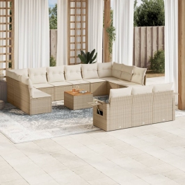 Set sofás de jardín 14 pzas con cojines ratán sintético beige